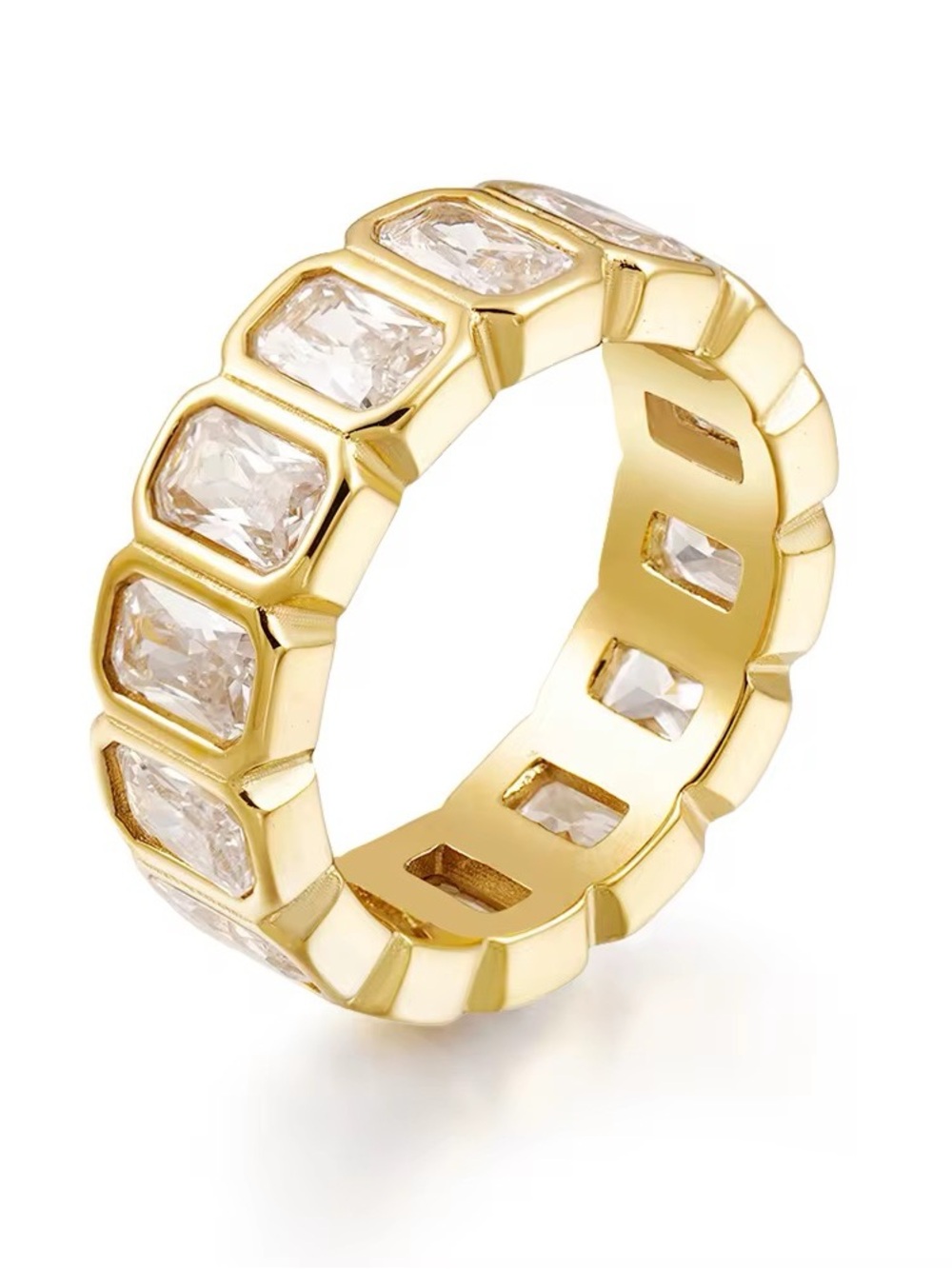 18K Gold Plated Emerald-Cut Eternity Ring, Bezel-Set Zircon, Stainless Steel